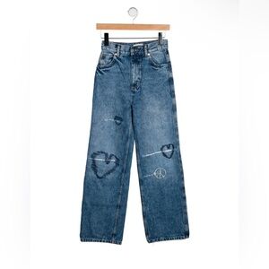 Blue Heart & Peace Sign Wide-Leg Jeans - Women